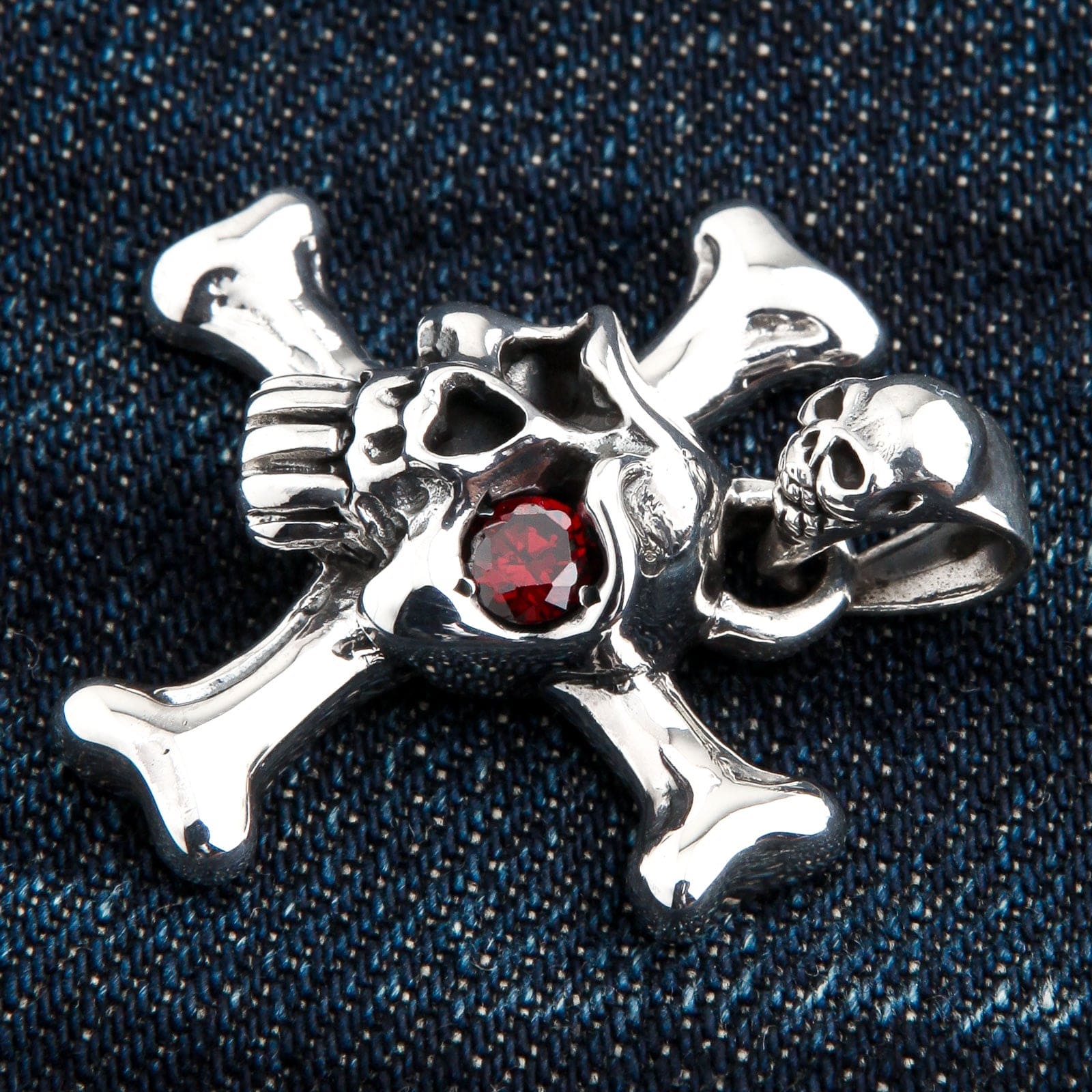Red Eyes Skull Crossbones Sterling Silver Pendant Necklace
