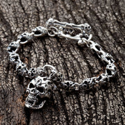 Flame Skull Sterling Silver Biker Bracelet