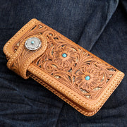 Indian Floral Carved Light Brown Genuine Leather Biker Wallet