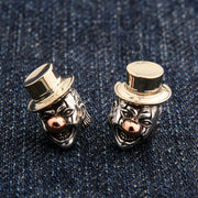 Front view of Sterling Silver Joker Crown Earrings with brass top hat and copper nose accents