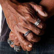 Tribal Carved Sterling Silver Band Men's Rings