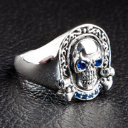 Blue Eyes Designer Rider Sterling Silver Skull Ring