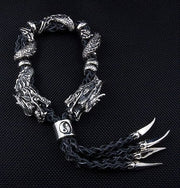 Genuine Leather Dragon Sterling Silver Men's Bracelet