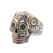 Green Eyes Sterling Silver Sugar Skull Ring