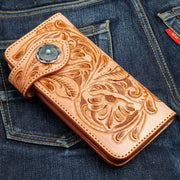 Indian Floral Carved Light Brown Genuine Leather Turquoise Concho Biker Wallet