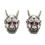 Red Eyes Japanese Oni Mask Devil Sterling Silver Skull Earrings