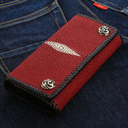 Red Genuine Stingray Skin Leather Trifold Biker Wallet