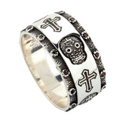 Santa Muerte Skull Cross Sterling Silver Ring