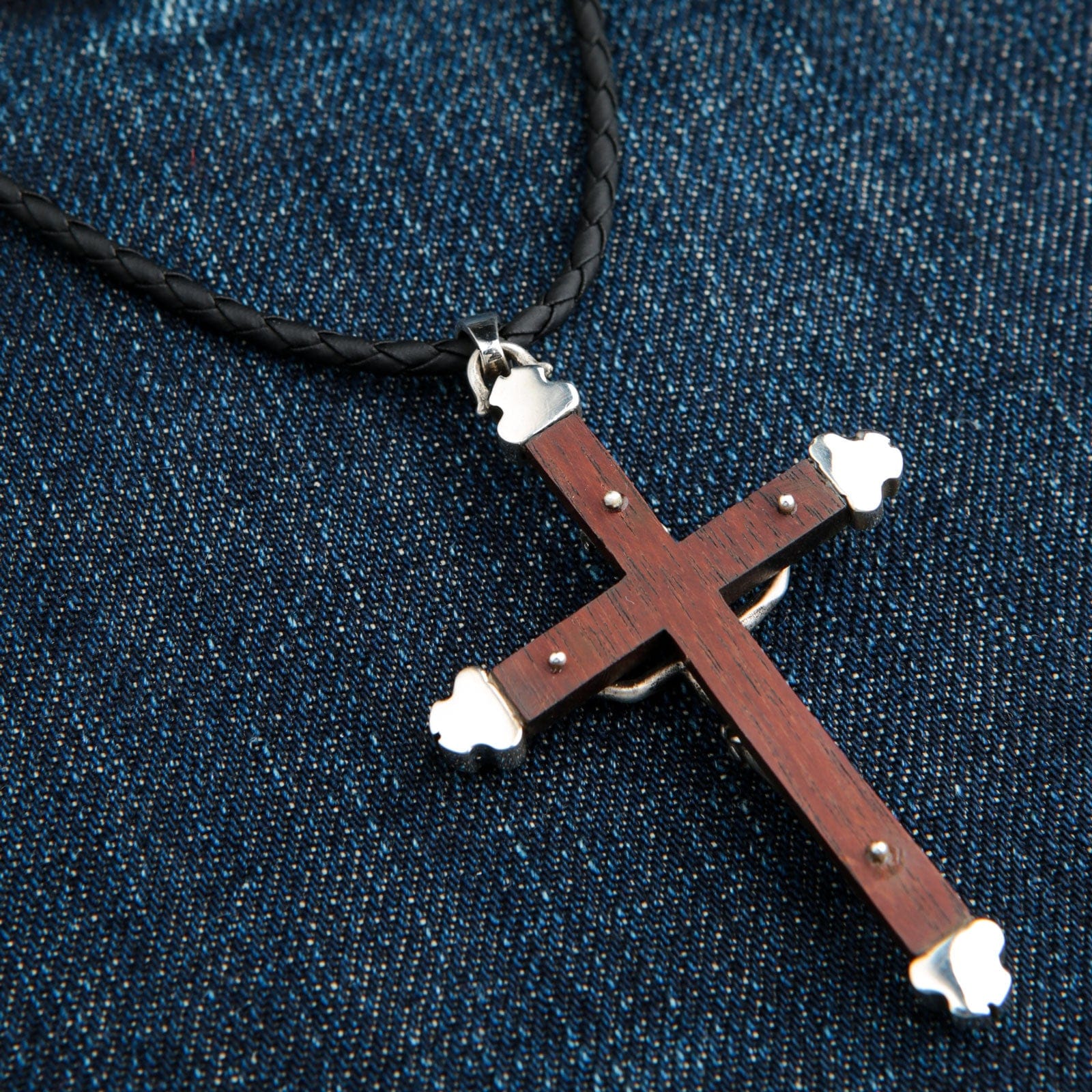 Silver Wood Crucifix Cross Pendant Necklace for Men