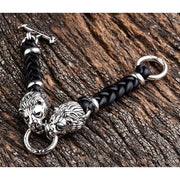 Lion Head Sterling Silver Biker Leather Bracelet