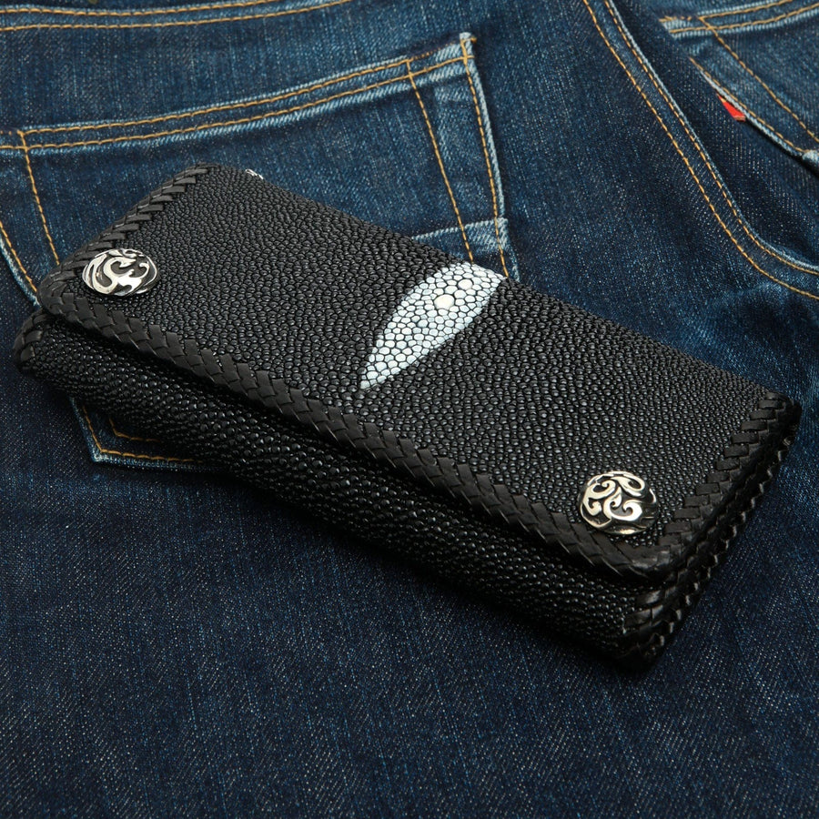 Black Stingray Leather Trifold Long Biker Wallet