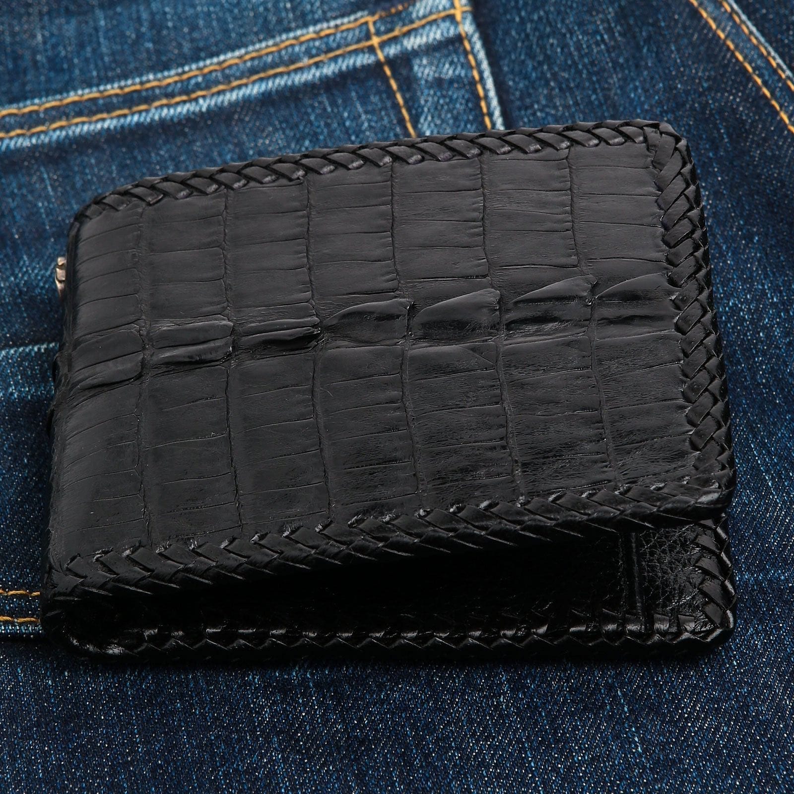 Genuine Black Crocodile Tail Skin Leather Biker Wallet