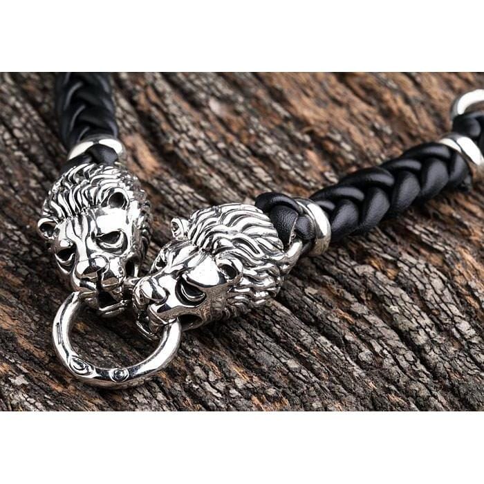Mens Lion Bracelet Leather Bracelet for Men Silver Lion Head 
