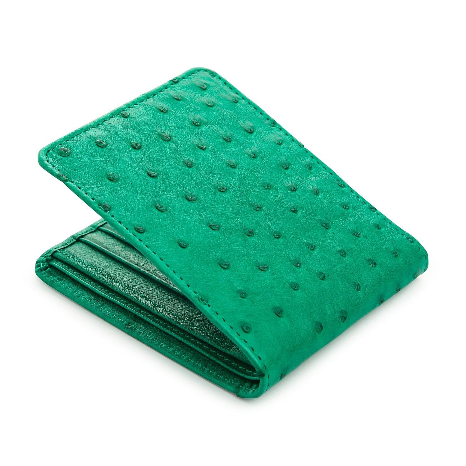 Green Ostrich Leather Wallet for Men Handmade Mens Bifold 