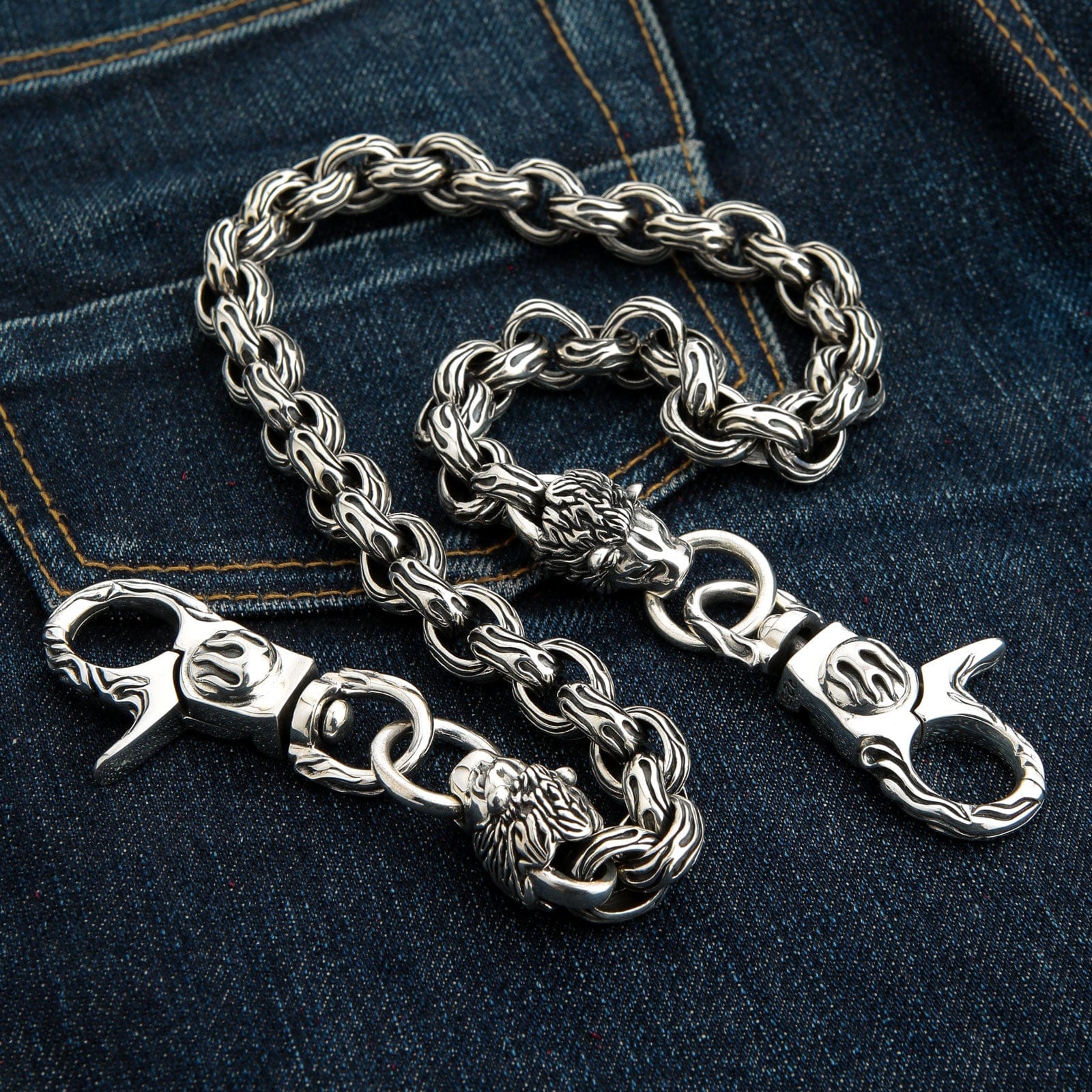 SILVER 950 DOUBLE HOOK WALLET CHAIN (FREE SIZE Silver): GOTHIC